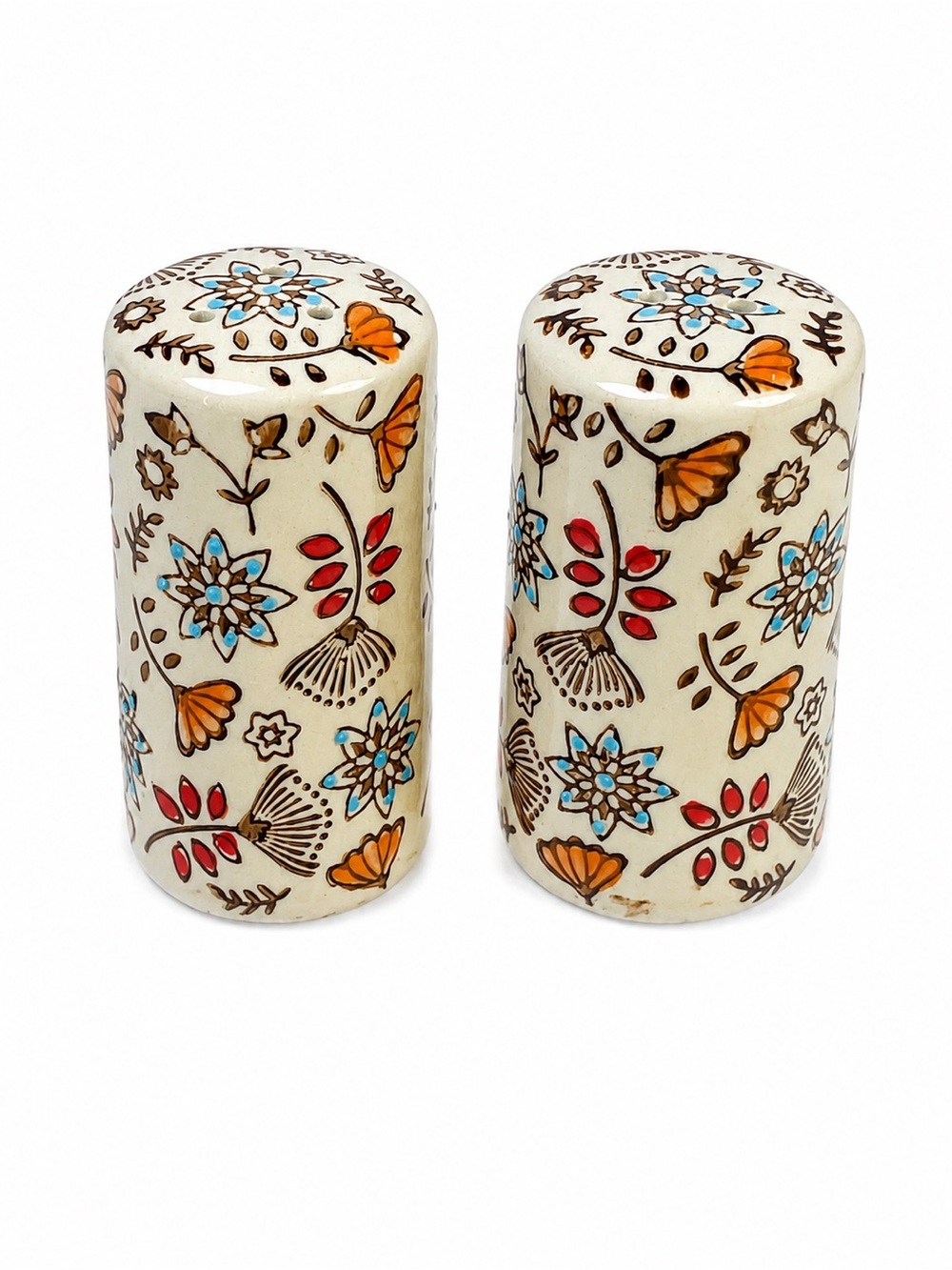 Ceramic Salt Pepper Shakers Floral Boho Retro Orange Blue Flowers Set Vintage